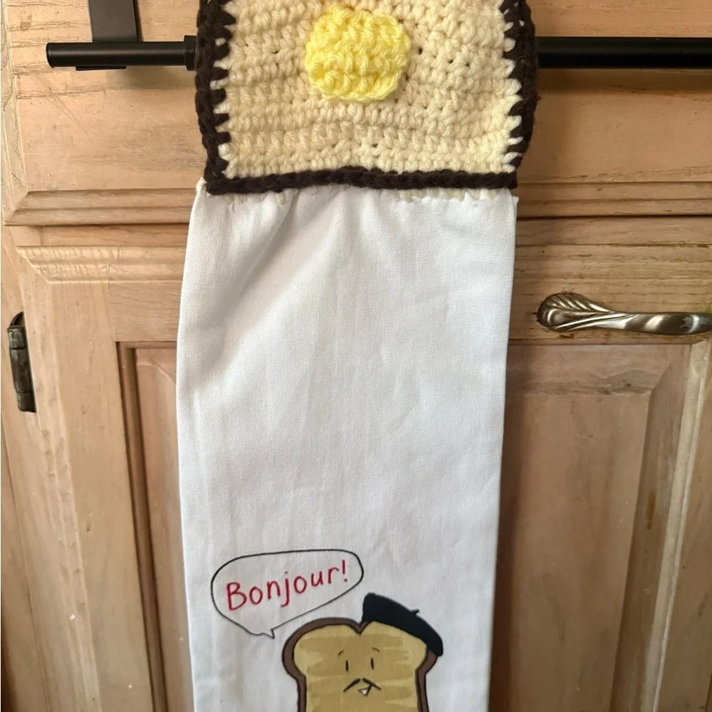 Handmade Crochet Bread & Butter Hanging Kitchen Towel - French Toast 